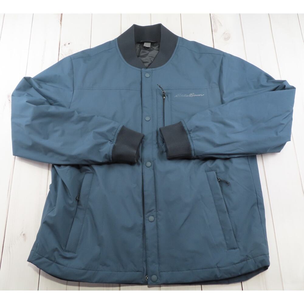 Eddie Bauer Mens L Bomber Jacket Insulated Blue Gray Snap Front Zipped Pockets
